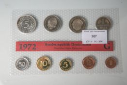 Umlaufmünzsatz (BRD, 1972), Kupfer/Nickel/Stahl, 10 Stück, 1 Pfennig bis 5 DM,Münzprägestätte: G (