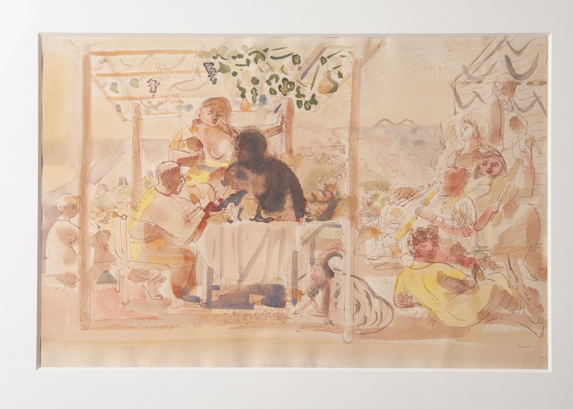 Edvard, Frank (1909 - 1972), Fröhliche Festgesellschaft bei Musik u. Wein, Aquarell, sign.u. bez.,