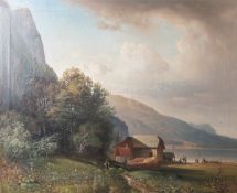 Jungheim, Carl (1830-1886), "Alpensee mit Personen am Ufer", Öl/Lw., li. u. sign., rs.bez. August