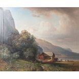 Jungheim, Carl (1830-1886), "Alpensee mit Personen am Ufer", Öl/Lw., li. u. sign., rs.bez. August