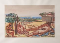 Edvard, Frank (1909 - 1972), mehrere Akte vor südländischer Küstenlandschaft, Aquarell,re. u.