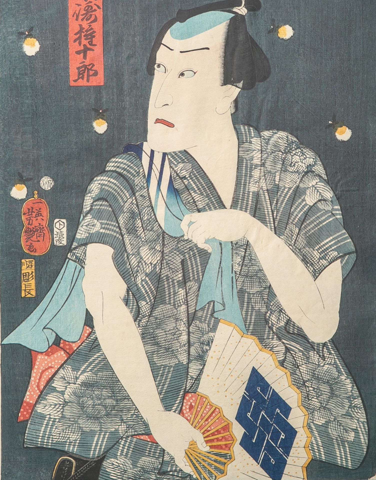 Unbekannter Künstler (Japan), Schauspieler mit Fächer, Farbholzschnitt, mehrfach bez., ca.37 x 25,