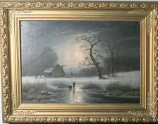 Lange, Johann Gustav (1811-1887), Winterliche Landschaft bei Mondschein mit zugefrorenemSee, Öl/Lw.,