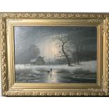 Lange, Johann Gustav (1811-1887), Winterliche Landschaft bei Mondschein mit zugefrorenemSee, Öl/Lw.,