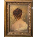 Gross, Maria (1866 - ?), Rückenportrait einer jungen Dame im schulterfreien Kleid,Öl/Platte, re.