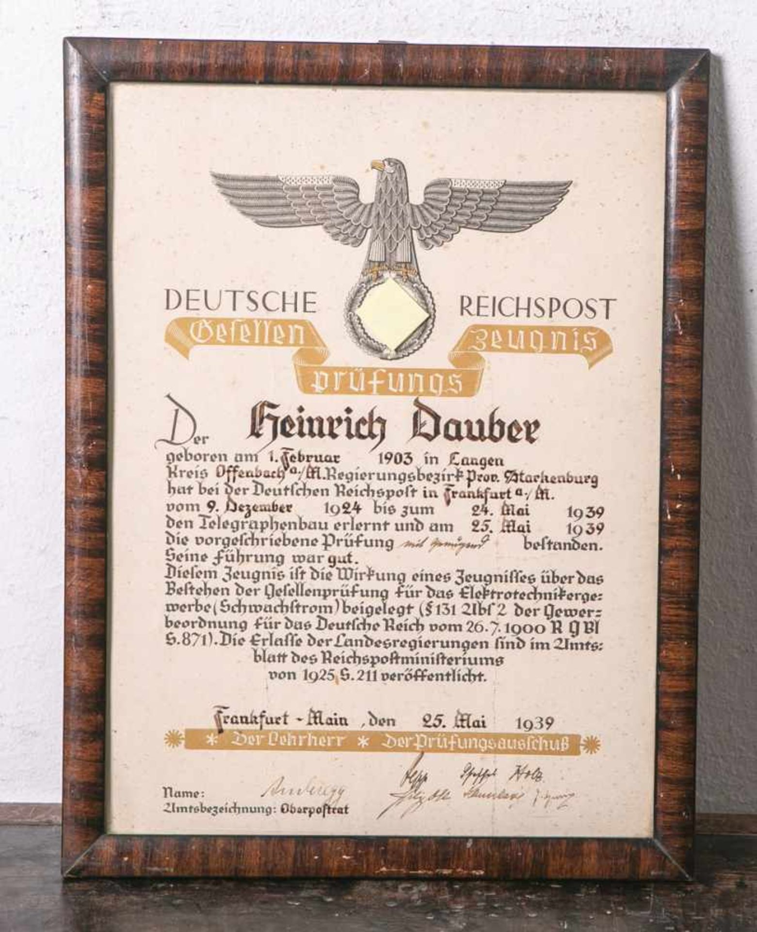 Gesellenprüfungszeugnis (2. WK), Drittes Reich, Deutsche Reichspost, Prüfungszeugnis vonHeinrich