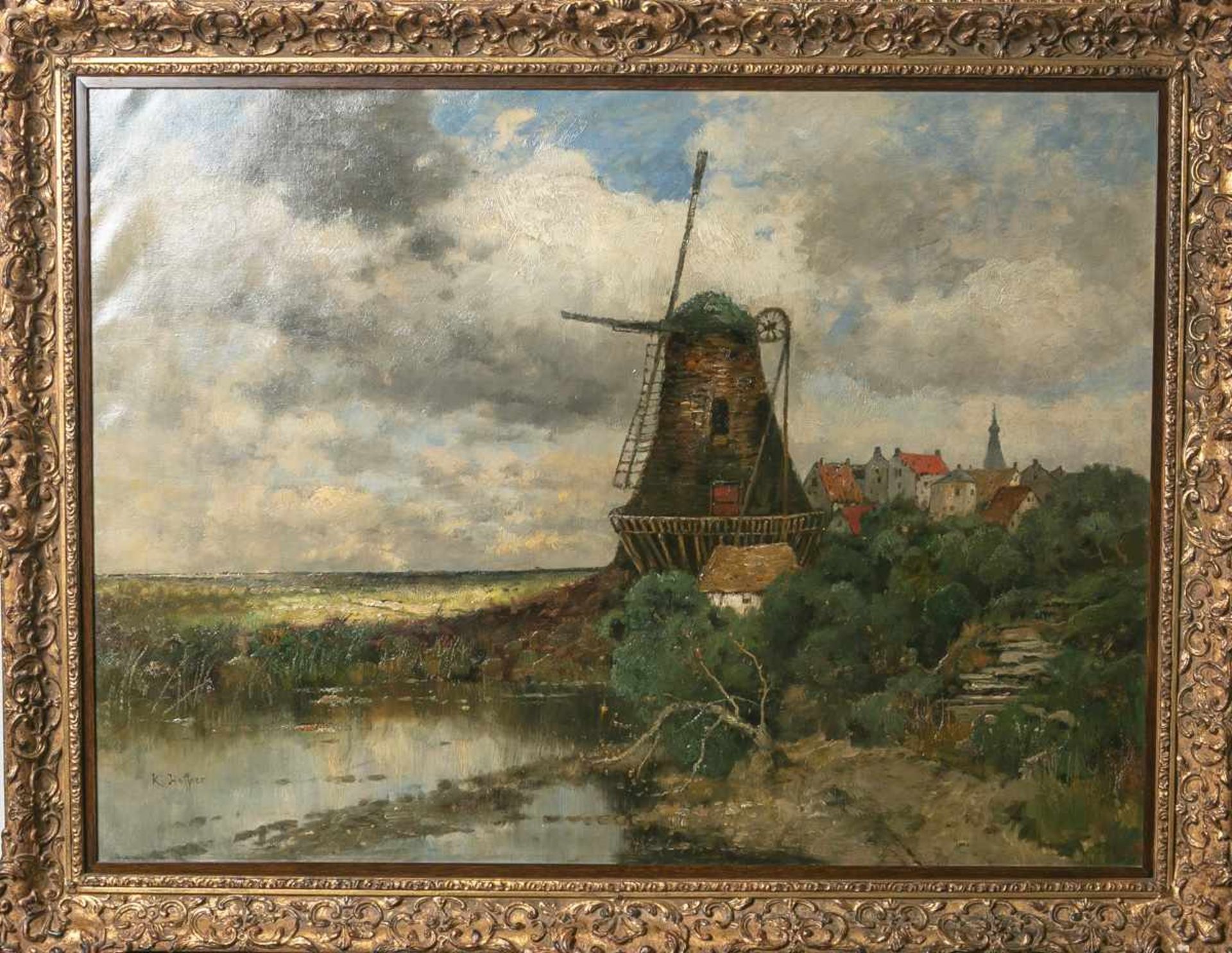Heffner, Karl (1849-1925), stimmungsvolle Ortsansicht mit großer Windmühle, Öl/Lw., li. u.sign., ca.