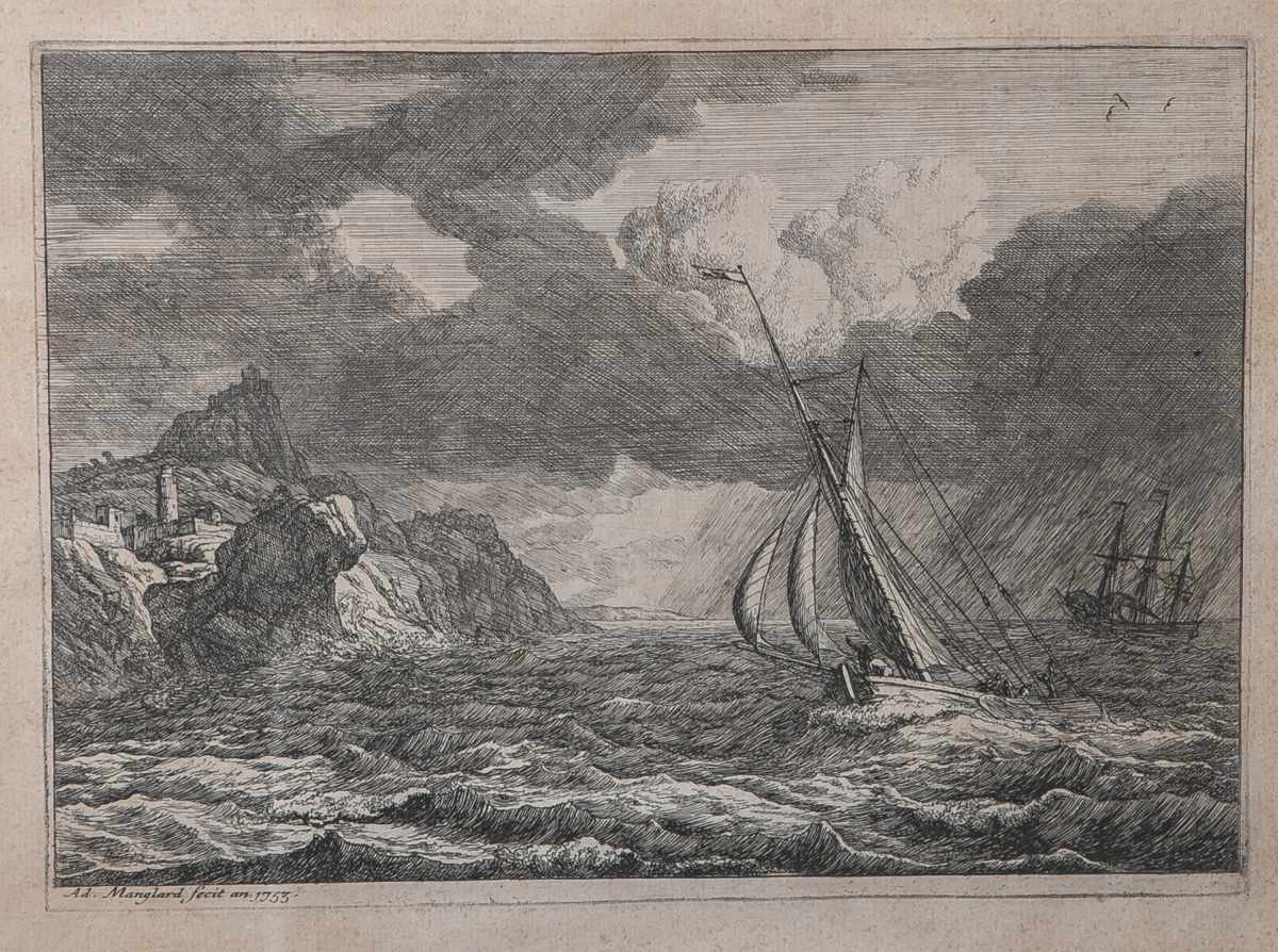 Manglard, Adrien (1695-1760), Segelschiffe an der Küste, Federzeichnung/Papier, li. u.sign. u.