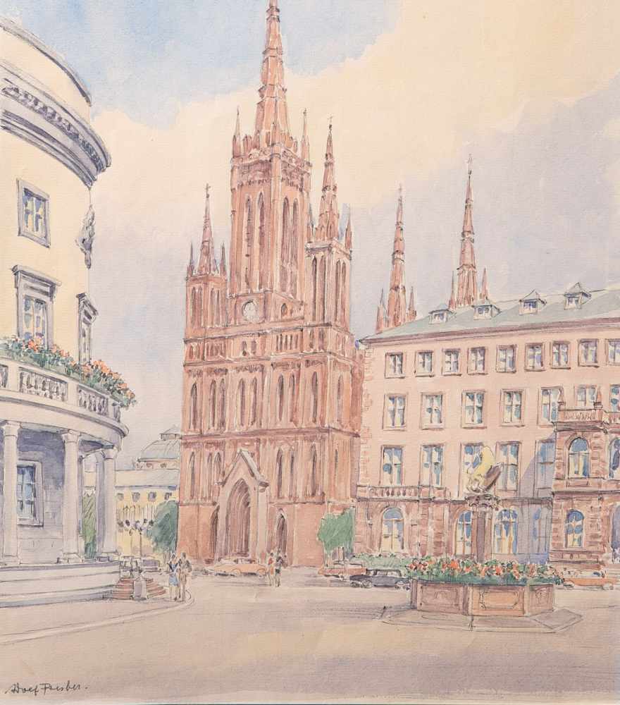 Presber, Adolf (1896 - 1977), Blick auf Marktkirche in Wiesbaden, Aquarell/Papier, li. u.sign.,