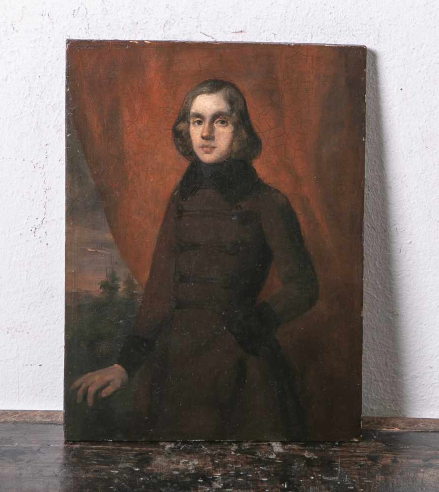 Unbekannter Portraitist (wohl 19. Jahrhundert), Mann mit Rock im Dreiviertelportrait, Ölauf Holz,
