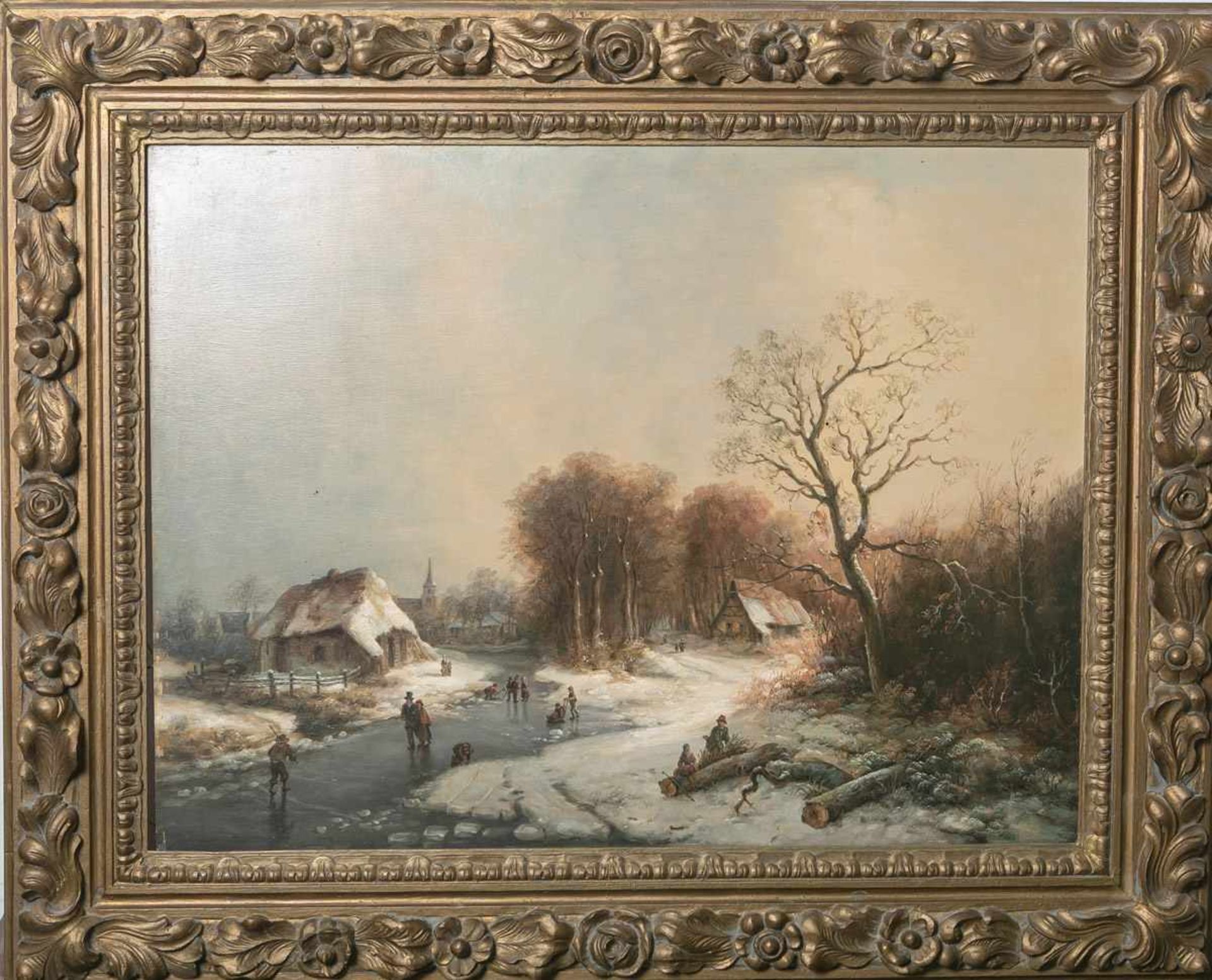 Weber, S. (20. Jahrhundert), winterliche Landschaft, Kopie nach C. B. Koekkoek,Öl/Holzplatte, rs.