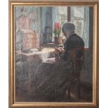 Voss, Ludwig (1881-1965), Interieur m. einer alten Bäuerin am Fenster strickend, Öl/Lw,li. u. sign.,
