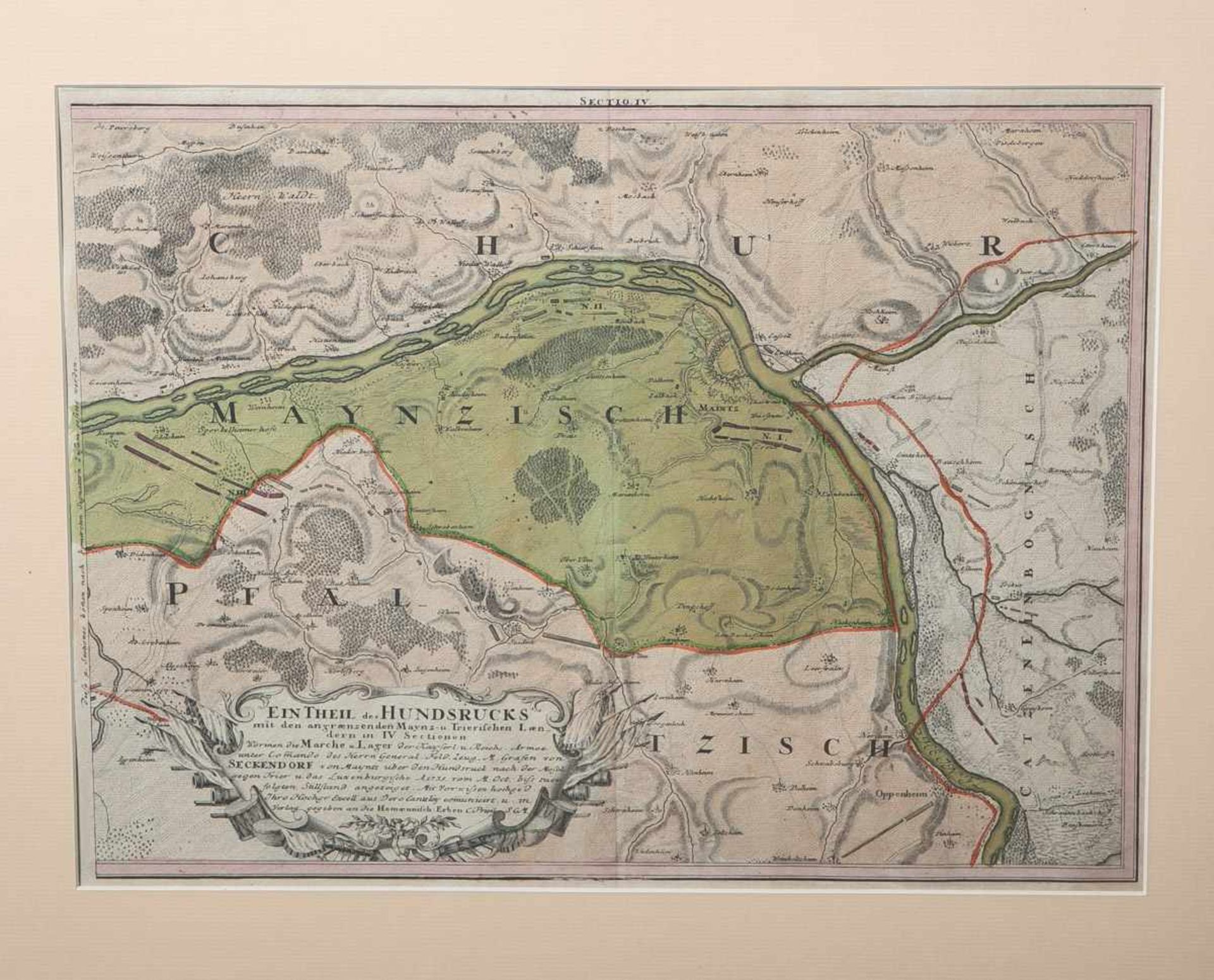 Alte Landkarte von Mainz u. Umgebung im 18. Jahrhundert, Sektion 4 von 4, Blattgröße ca.33 x 44