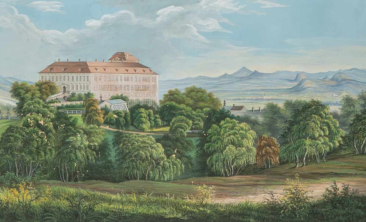 Lüder, Gustav (19. Jahrhundert), alpenländische Landschaft m. Blick auf Schloss u. dieParkanlage,