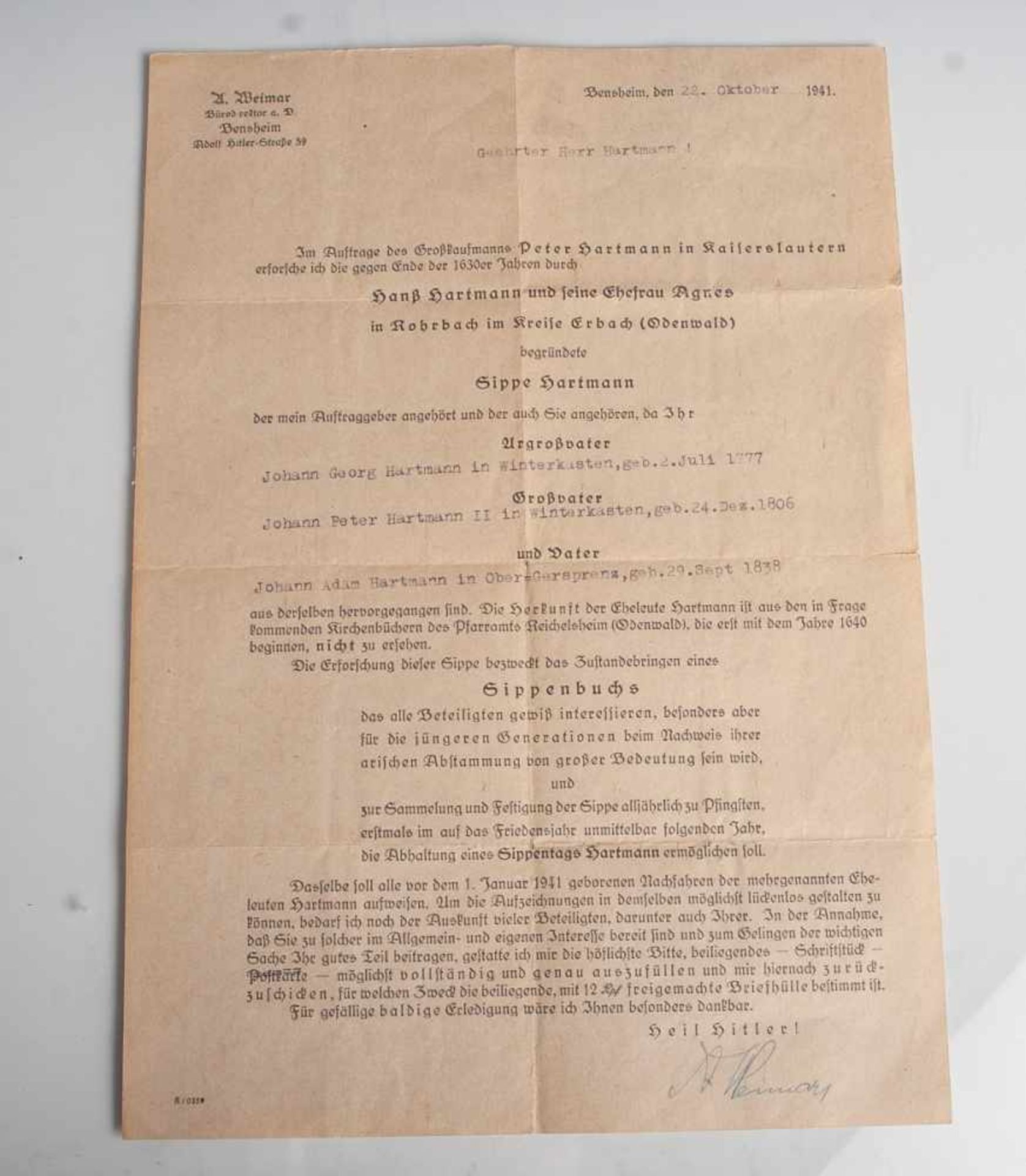 Abstammungsnachweis für das Sippenbuch von Peter Hartmann (Drittes Reich), 22.10.1941, li.u. sign.