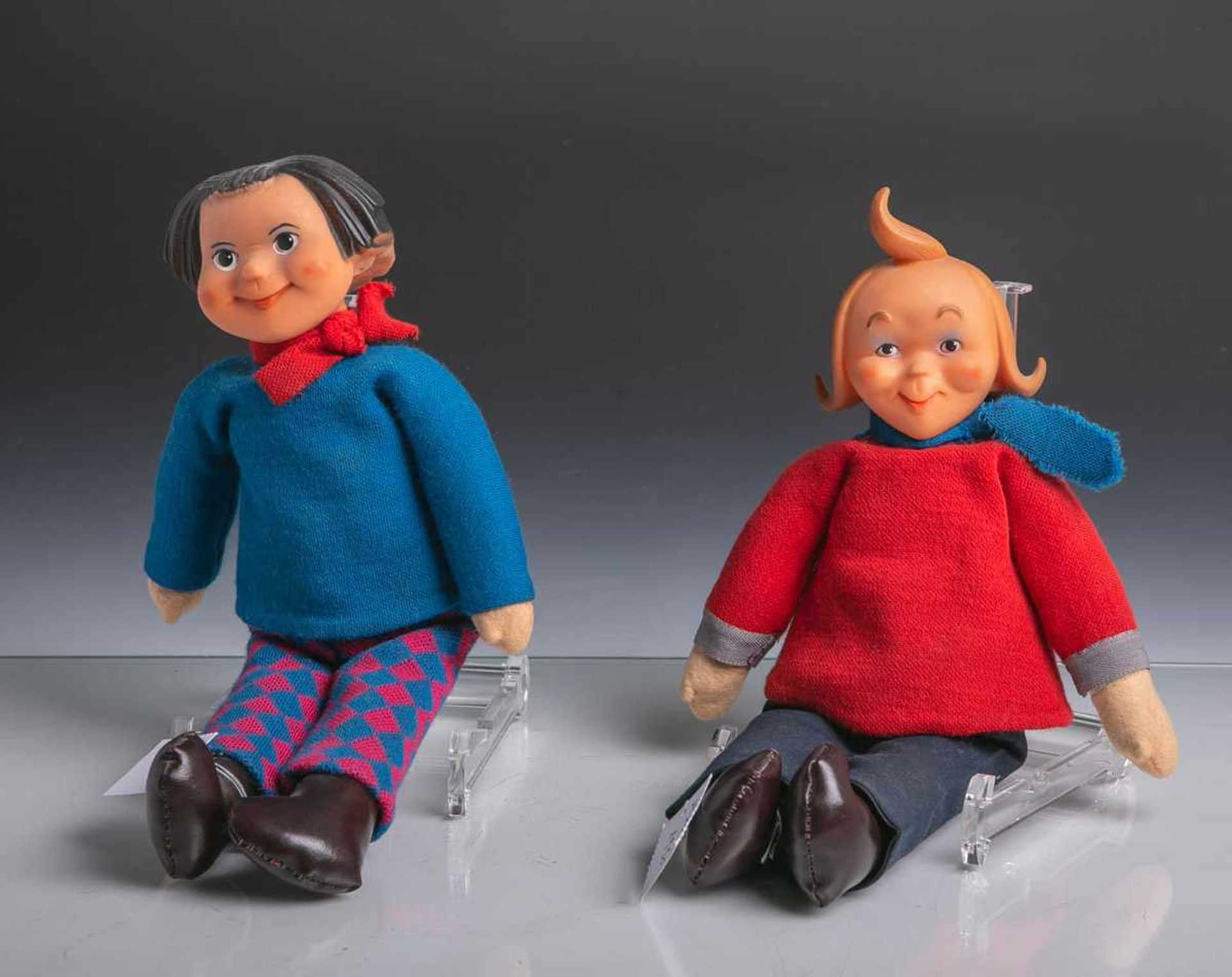 Set "Max und Moritz" Puppen (1940er/50er Jahre), Körper aus Stoff, Köpfe aus gummiartigemMaterial,