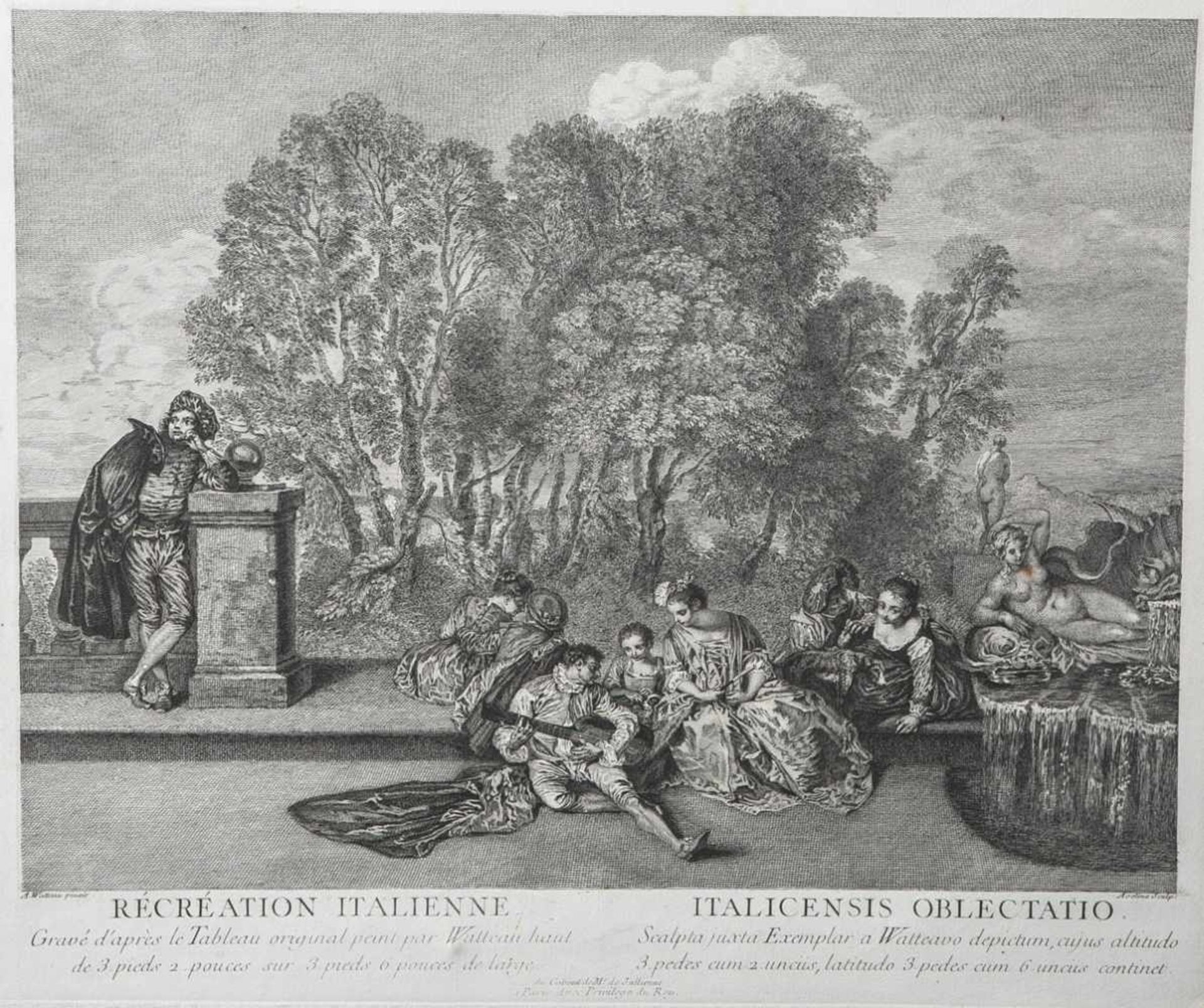 Watteau, Jean Antoine (1684-1721), "Récréation Italienne", Radierung, bez. u. "du Cabinetde Mr. de