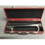 A silver plated military bugle in fitted case, unmarked