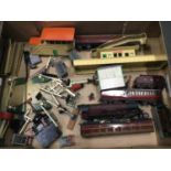 Selection of loose Hornby train track accessories, train and carriages.