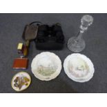 Mixed lot including decanter, binoculars and wegwood plates