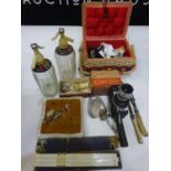 Mixed lot of vintage items including soda stream, clippers, sewing box