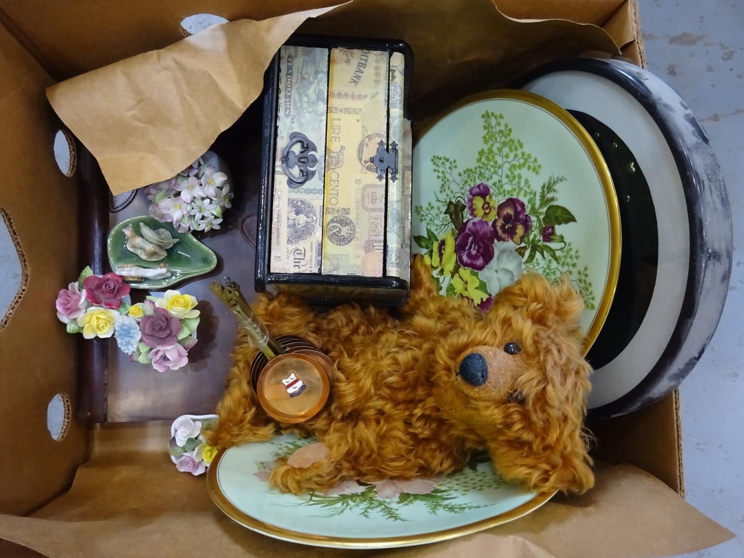 Mixed lot including vintage teddy, large photo album, oriental clock, Royal doulton flower posy etc