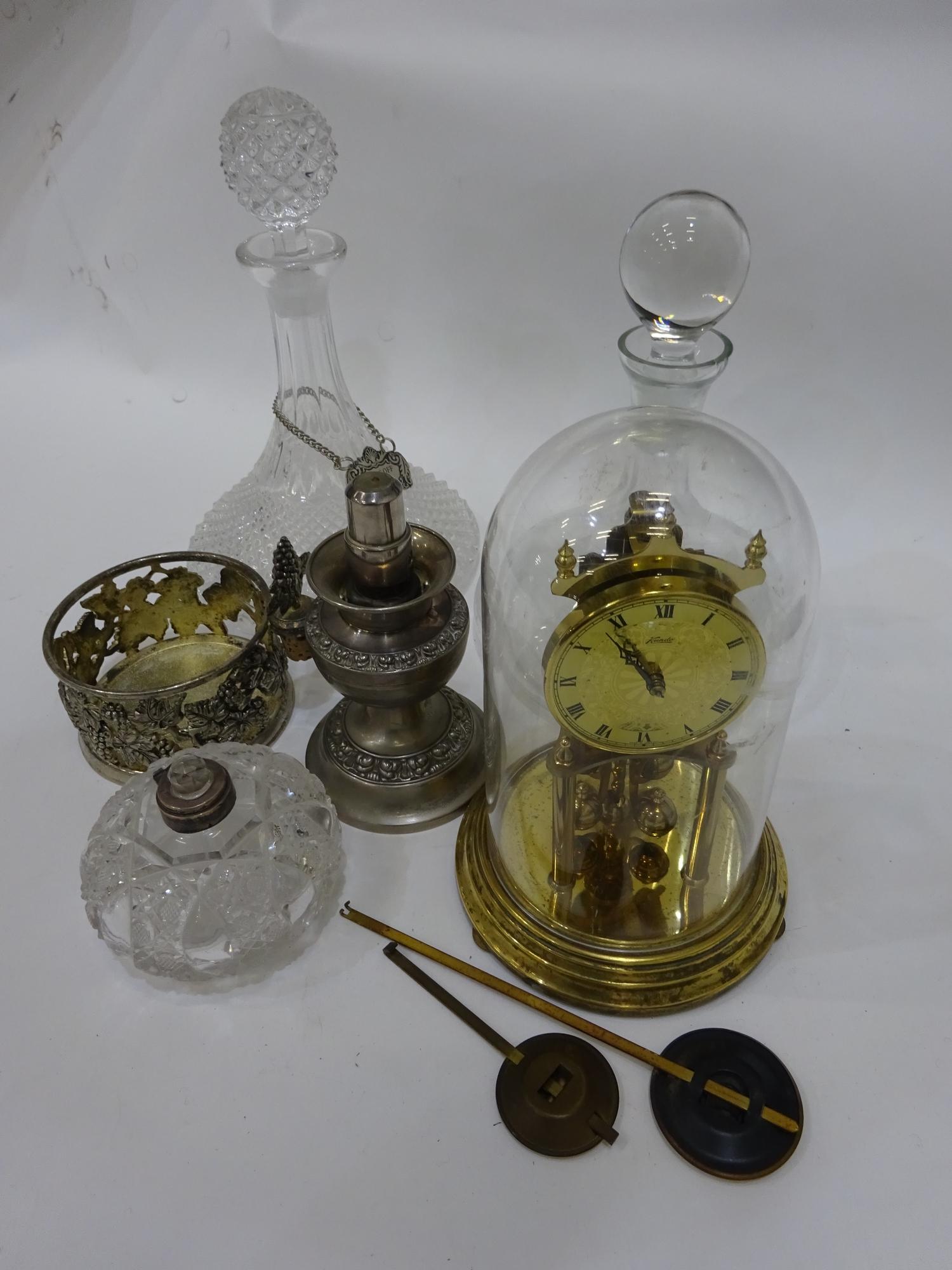 Mixed lot including 2 decanters, skeleton clock etc