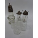 4x crystal shot glasses with a glass condiment set