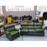 Green leather 3 seater sofa & matching armchair