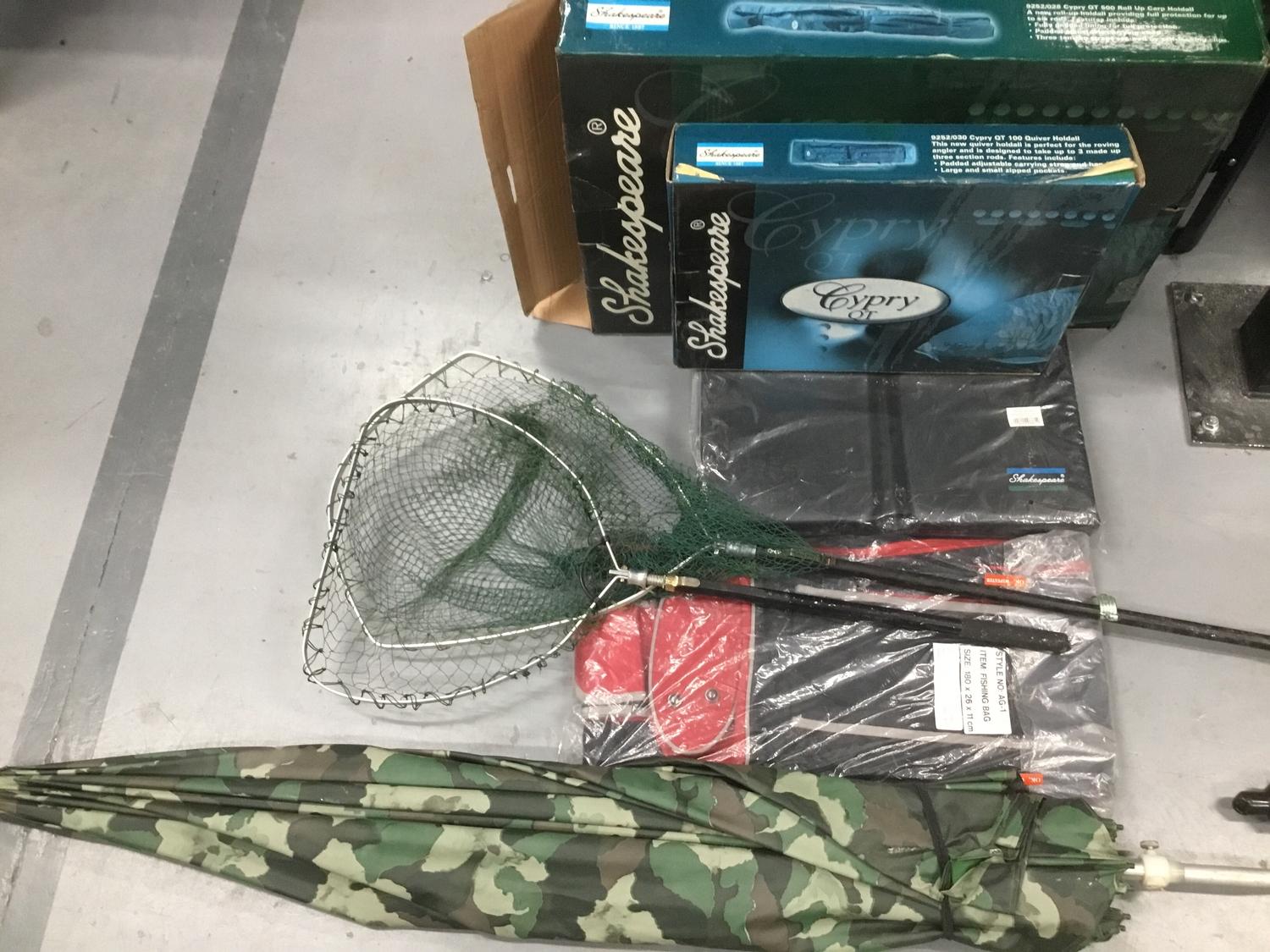 (A) Mix fishing lot - Shakespeare bags, seat, holdall, nets & umbrella