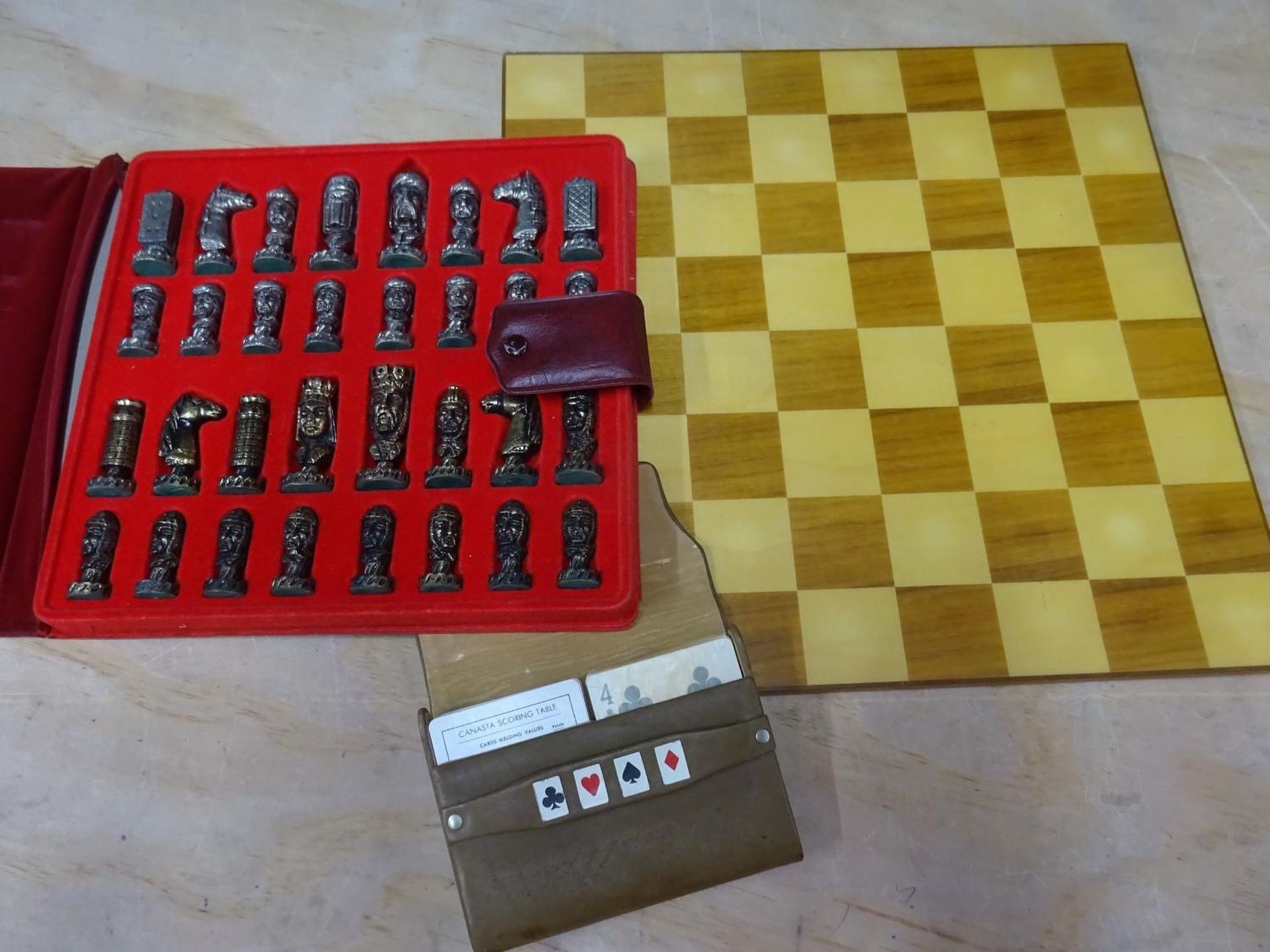 Vintage chess set and Canasta wallet