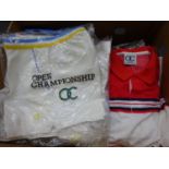 Box of vintage Open Championship polo shirts and shorts