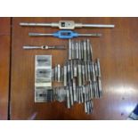 Large collection of imperial taps (plug, taper & lead) of various sizes & 3 tap wrenches (EE)