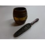 Early 20th century novelty mustard barrel, with applied bronze plaque and serving knife