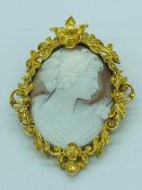 An Cameo of a lady in classical style set in a yellow metal foliate design surround.