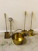 Brass fireside companion set to include coal bucket, three shovels and a pair of tongs