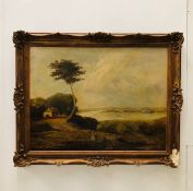 An Oil on canvas of a rural country scene (Frame damaged) signed bottom right.