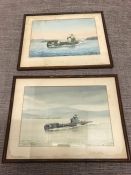 Two watercolours of HMS Trenchant and HMS Thrasher submarines