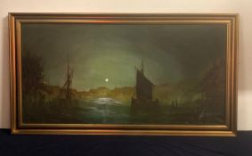 Large framed painting of boats coming into harbour at Majutice signed by Pinkney