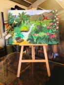 A painted canvas of a jungle scene in a multi media collage.