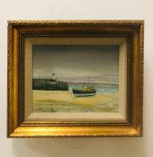 Signed framed painting by Gordon Frickers of a boat on a beach