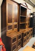 A large Walnut veneered display unit with display cabinets, storage, filing drawers H 266cm x W