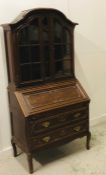 Craved oak Bureau bookcase with scroll legs and two drawers and glazed doors (H 190CM X W 94CM)