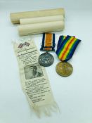 Great War Medal and Victory Medal for 29124 PTE C Greeenwood Manch Reg.along with a remembrance silk