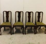 Four Dining chairs with olive green upholstered seats with cabriole legs