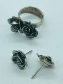 A Vintage ring by Erik Dennung, double rose Danish ring with matching earrings