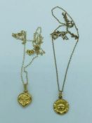 Two yellow gold necklaces with pendants (1.4g)