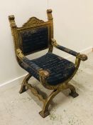 A Savonorola Italian 19th Century gilt wood with leaf decoration and blue chenille upholstery with