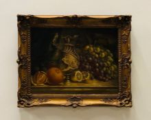 A Still Life oil painting depicting wine jug, grapes, orange and lemons 1880 by H V Marsh.