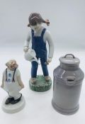 Three Bing and Grondhal porcelain figures: Little Gardener, clown and milk churn.